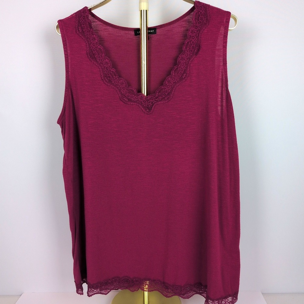 Lane Bryant Women 14/16 Tank Top V-Neck Lace Trim Slub Knit Sleeveless Magenta